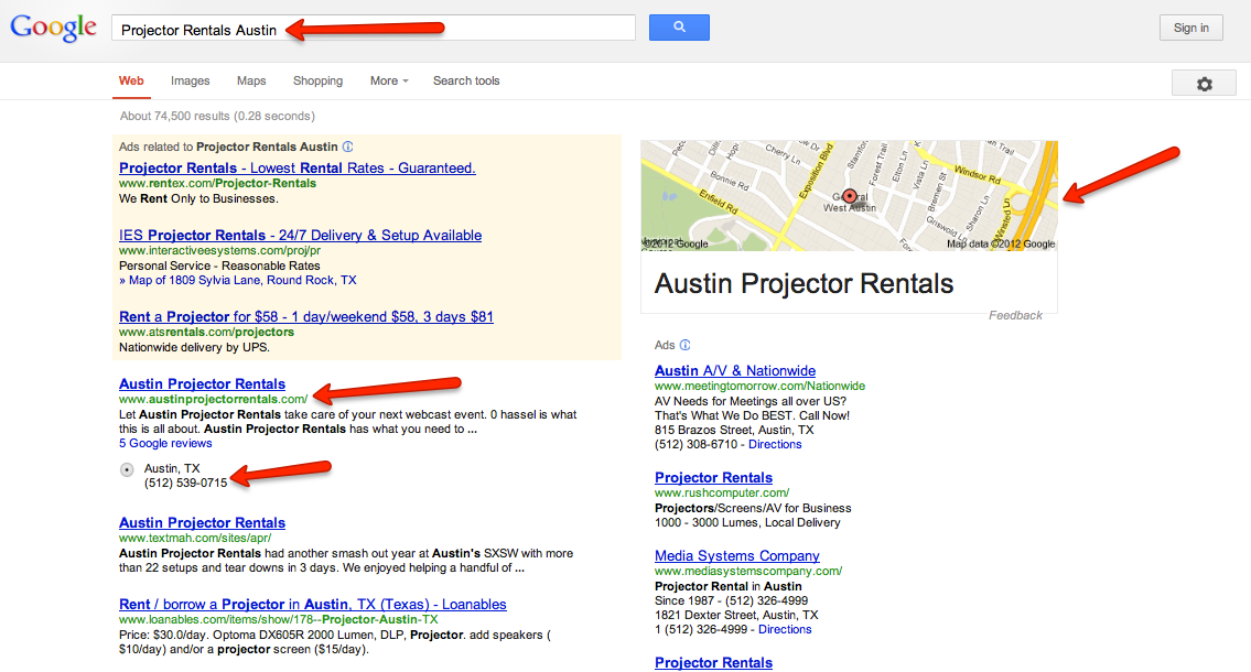 Austin Projector Rentals - A Google listing